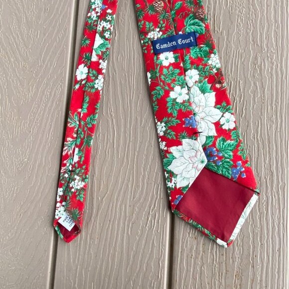 Vintage Christmas Poinsettias Neck Tie Silk Red Floral Career Professional Mens - Picture 4 of 12